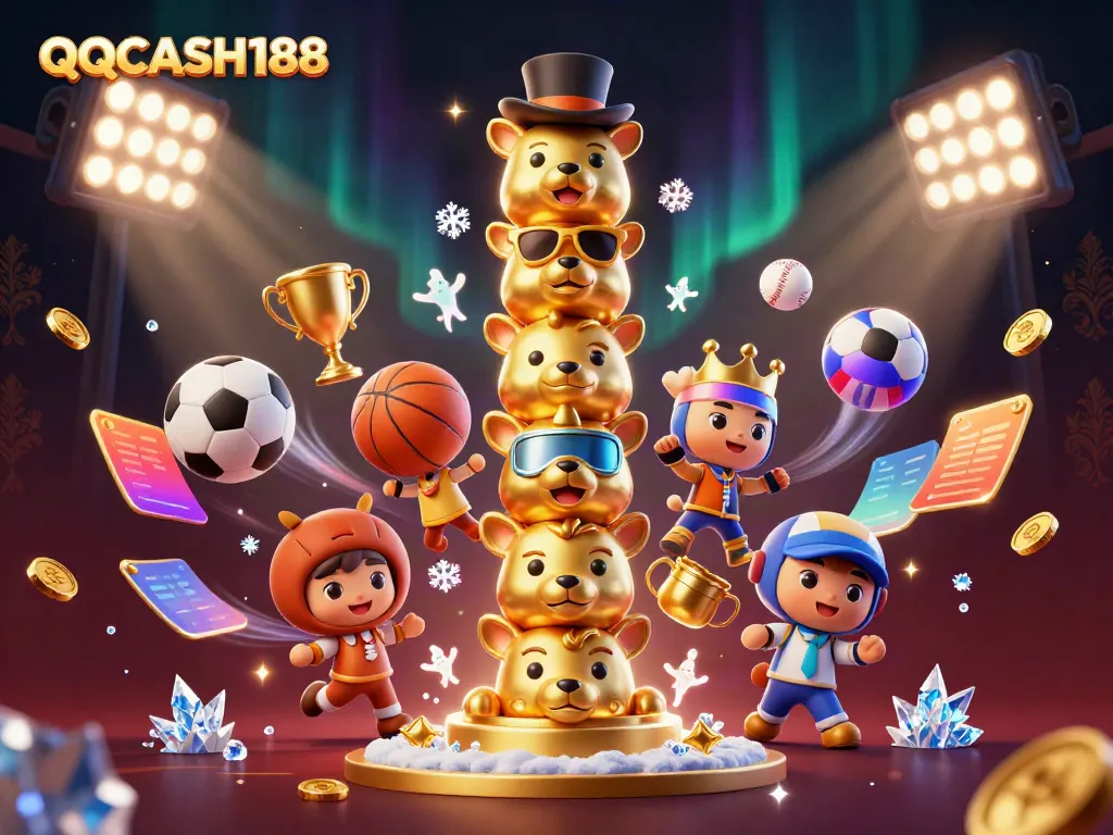 Join the excitement at QQCASH188 with vibrant sports elements, a golden totem pole, and dynamic casino features.