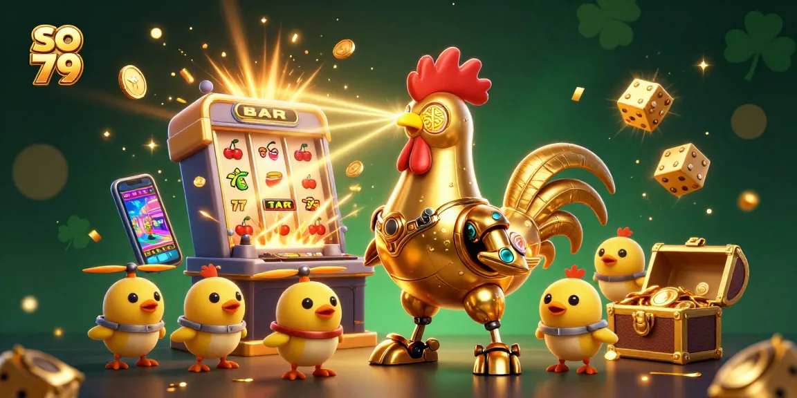 Enhance gameplay at so 79 with a vibrant 3D scene featuring golden rooster robot and casino elements.
