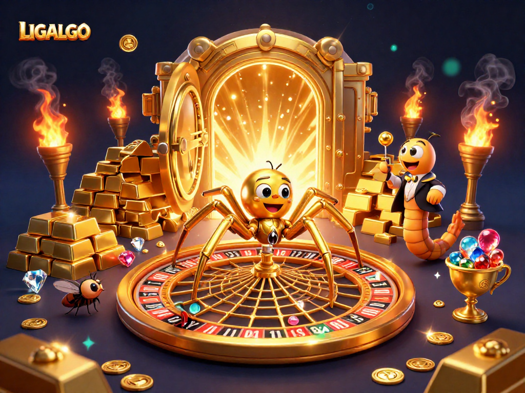 LIGALGO's golden web captures players’ bets in a vibrant casino atmosphere.