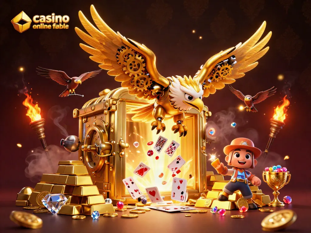Disfruta de un casino online fiable con un águila dorada y cartas holográficas brillantes.