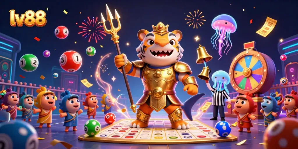 Join the gaming excitement at lv88 with a vibrant underwater colosseum featuring a gladiatorial shark and lottery elements.