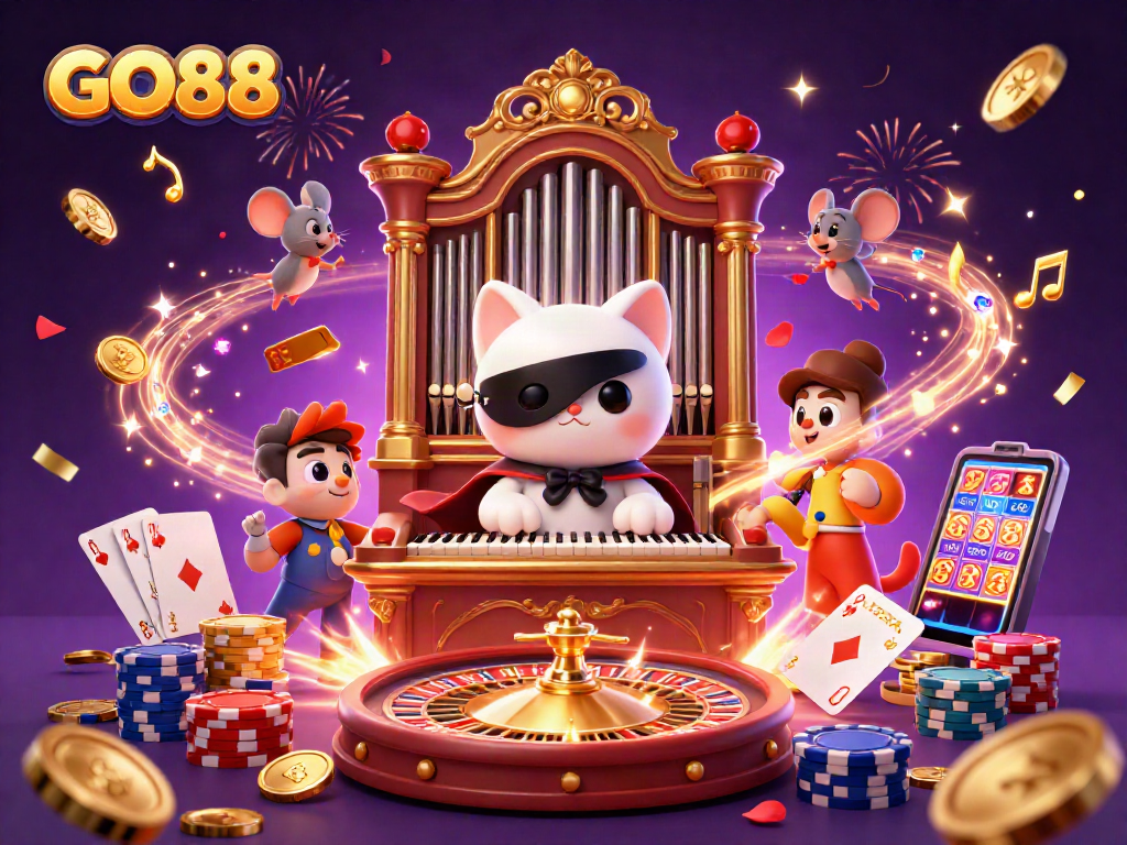 Engage with GO88 at the casino, surrounded by action-packed characters and vibrant game elements.