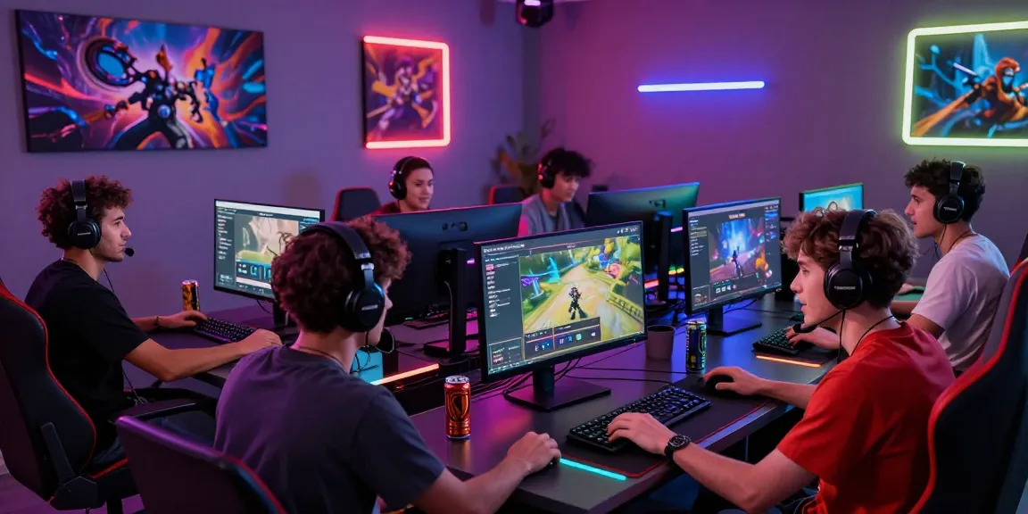 rokok88 login scene with gamers engaged in online game, vibrant gaming room atmosphere