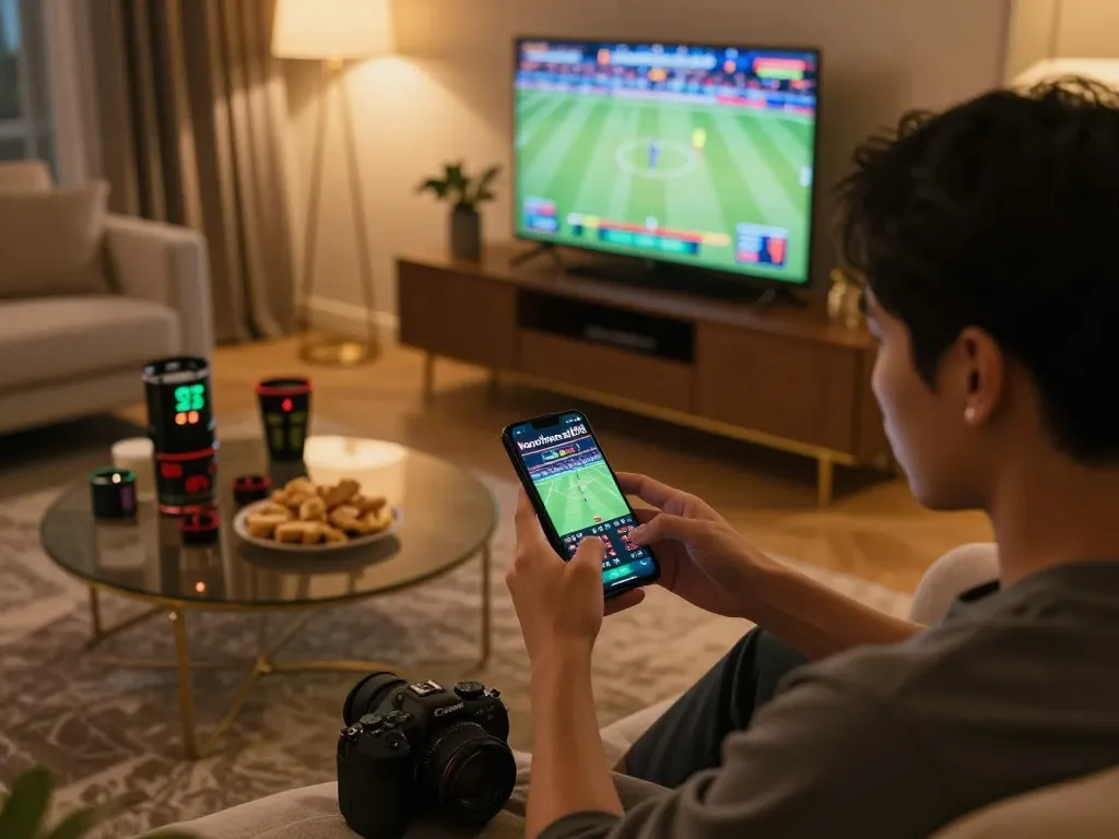 Person engaging with keonhacaii88's sports betting app on smartphone in luxurious home setup.