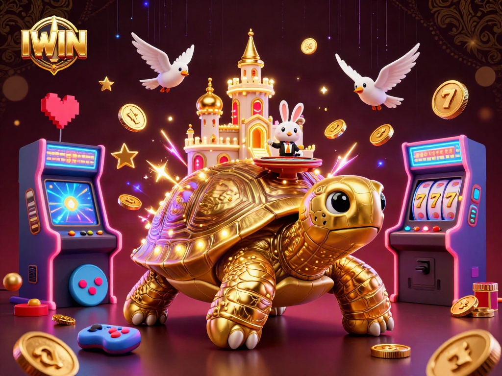 IWIN showcases a vibrant casino-themed illustration with a golden tortoise, a rabbit dealer, and arcade gaming elements.