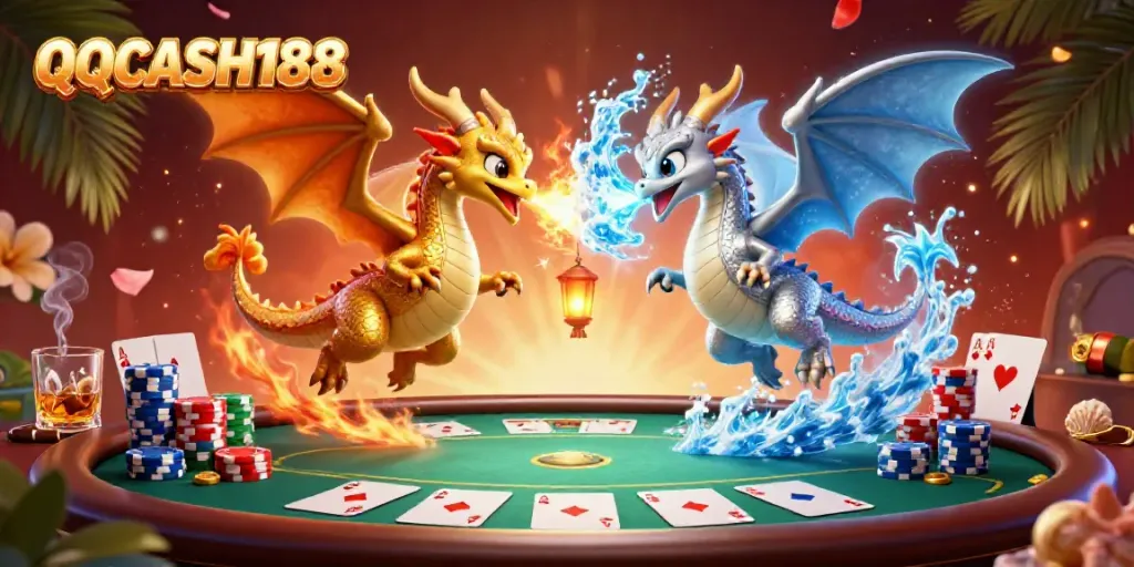 Engage in thrilling gameplay with QQCASH188 featuring dynamic twin dragons and vibrant poker elements.