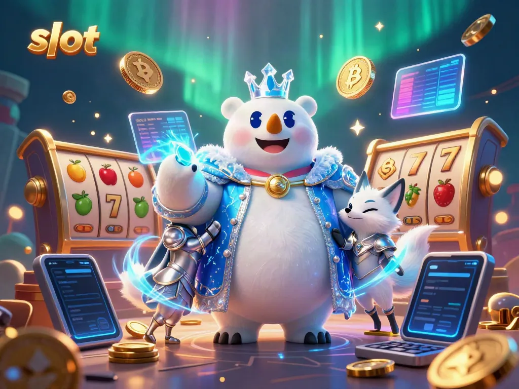Engage in thrilling slot gameplay featuring the ice king bear and silver fox amidst vibrant symbols and coins.
