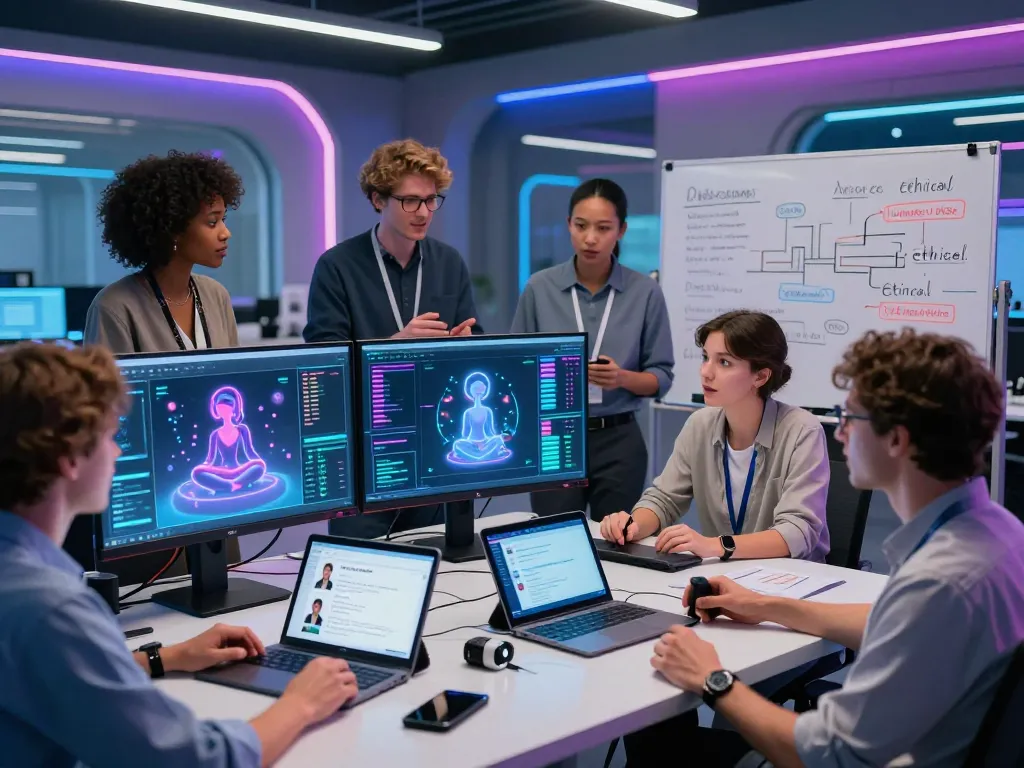 AI sex technology researchers discuss innovative solutions in a modern lab.