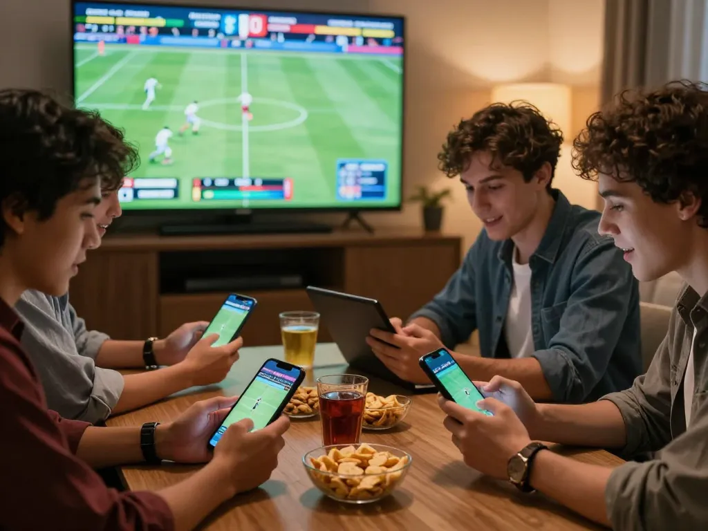 Engaged friends using gg88 pro for online sports betting in a lively atmosphere, excitedly following live events.