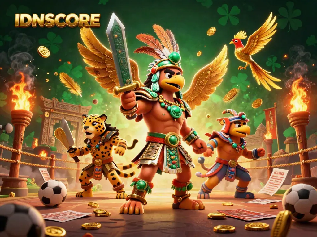 IDNSCORE highlights thrilling sports betting with dynamic elements featuring Aztec warriors and vibrant casino atmosphere.