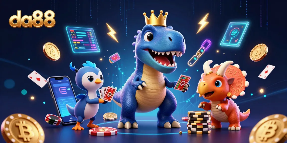 da88 showcases a vibrant casino scene with animated characters and crypto elements.