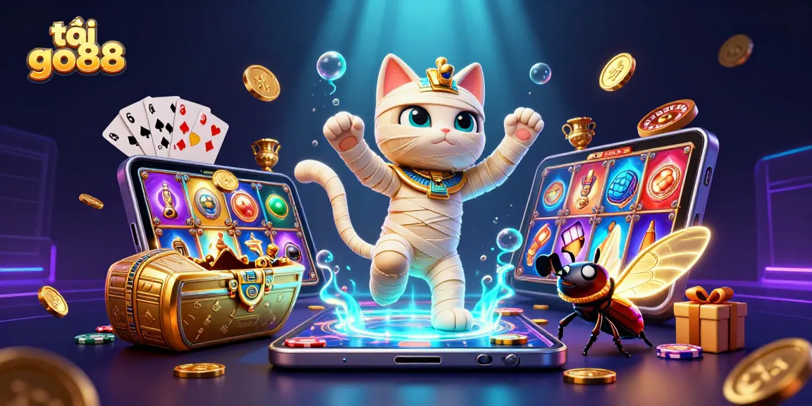 Experience the thrill of tải go88 with a vibrant scene featuring a 3D mummy cat bursting from a sarcophagus, glowing gaming elements.
