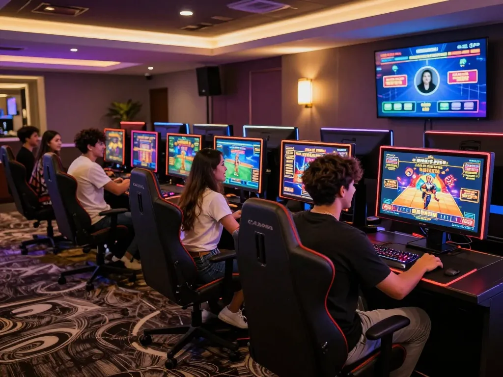 Experience high-end online gaming with vegasslot77's luxury setup featuring vibrant slot graphics and engaging players.