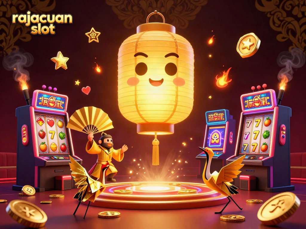 Play rajacuan slot with excitement amidst vibrant casino scenes and dynamic gaming elements.