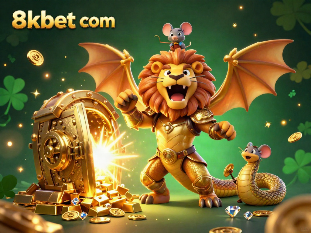 Join the excitement at 8xbet com with a chimera creature roaring amidst treasures and sparkling gems.