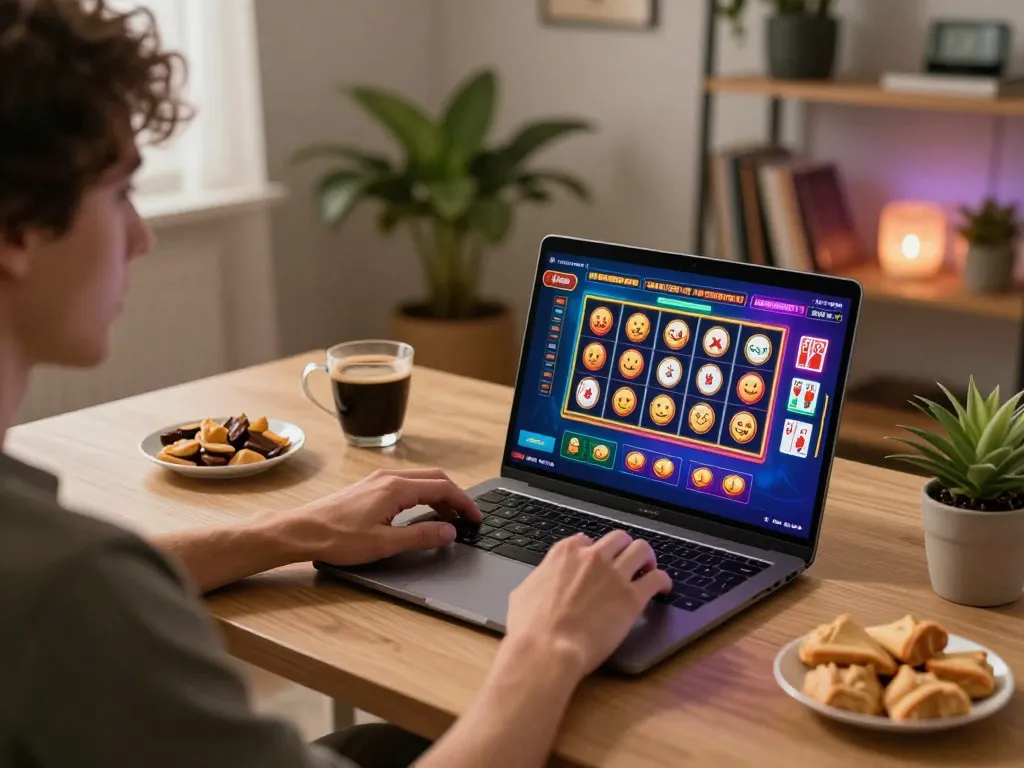 Playful moment at vegasslot77 where a player engages intensely with online slots on a laptop in a cozy home setting