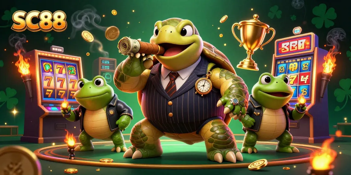 Win big with SC88: Snapping turtle in mobster suit surrounded by slot elements.