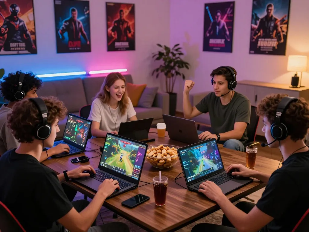 Group of friends enjoying online gaming with devices showing www.mantra88.com content in a cozy living room.