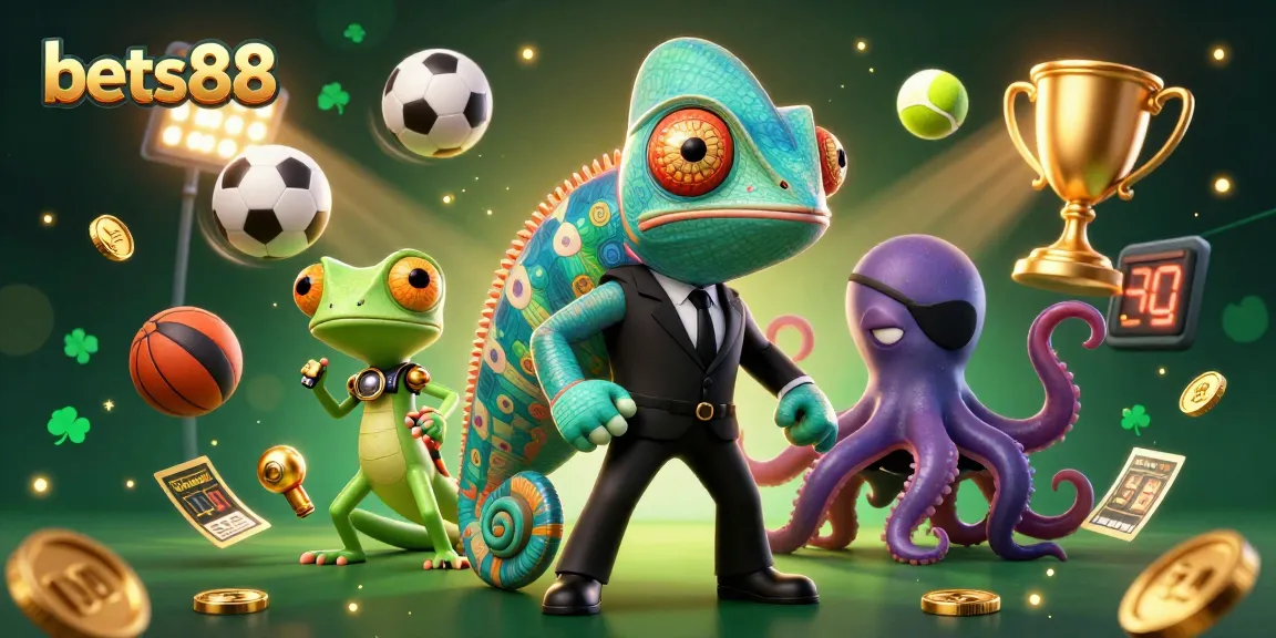 Bets88: Engage with a colorful 3D scene of a chameleon agent, sporty game elements, and a vibrant casino atmosphere.