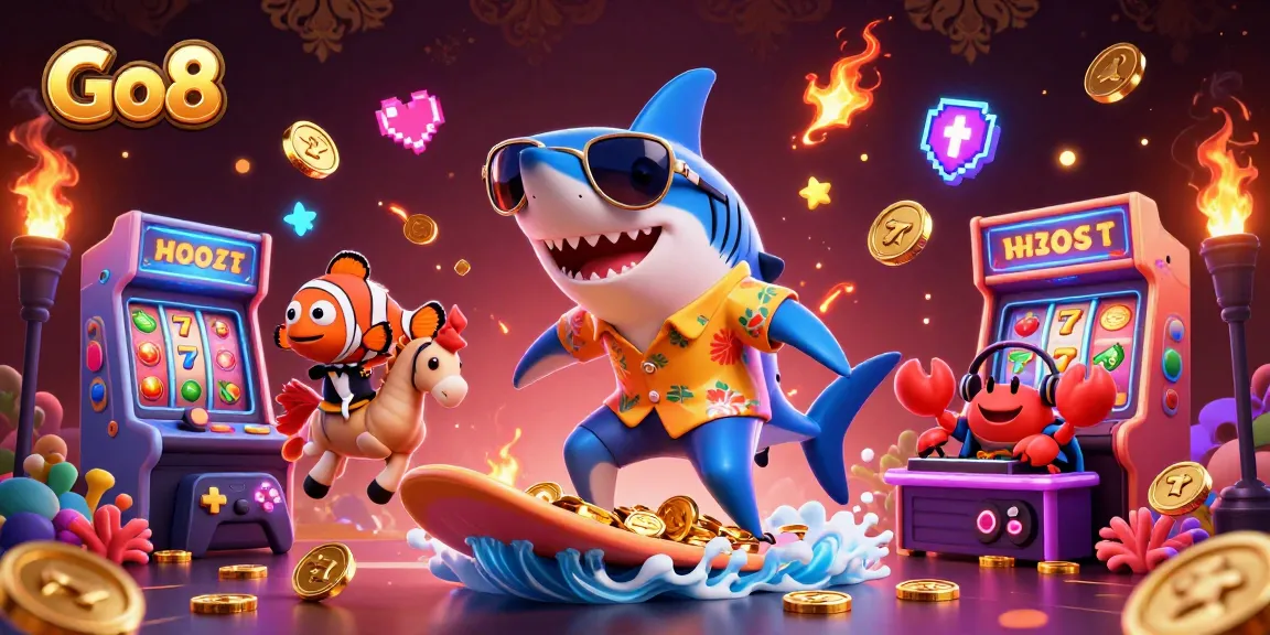 Engage with the Go8 casino experience featuring a shark, seahorse, and DJ in a vibrant gold-themed scene.