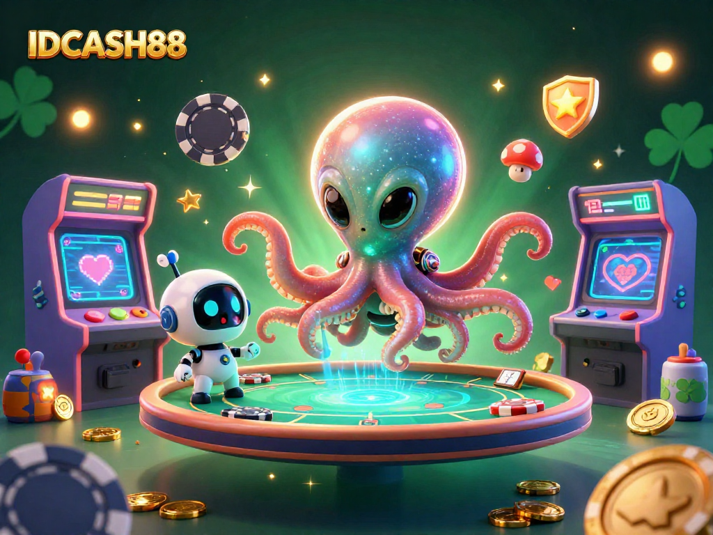 Join the thrilling action at IDCASH88 with an exciting casino scene featuring an alien octopus and robot on a poker table.