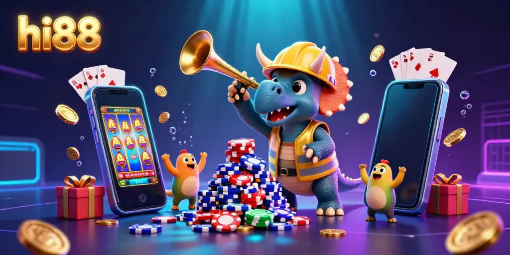 Hi88 đang mang đến không khí sôi động với hình ảnh con khủng long và các yếu tố casino hấp dẫn.