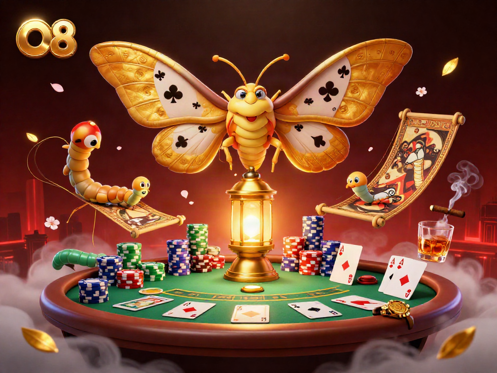 Engage with O8's vibrant casino scene showcasing poker action with a unique atlas moth.