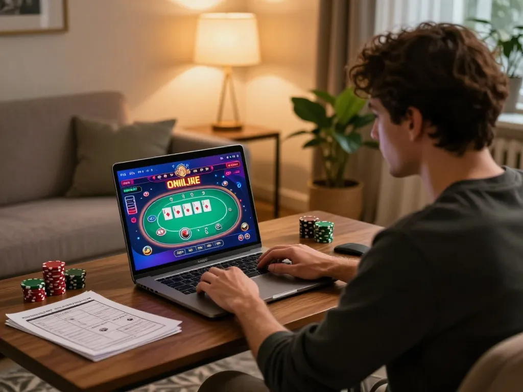 Player engaging with the gk88 online casino, focusing on strategic bets while enjoying a comfy home setting.