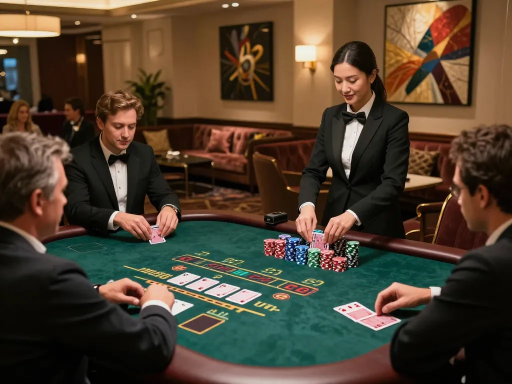 Players engaging in an exciting game of blackjack at sunwin casino, showcasing strategic gameplay and professional atmosphere.