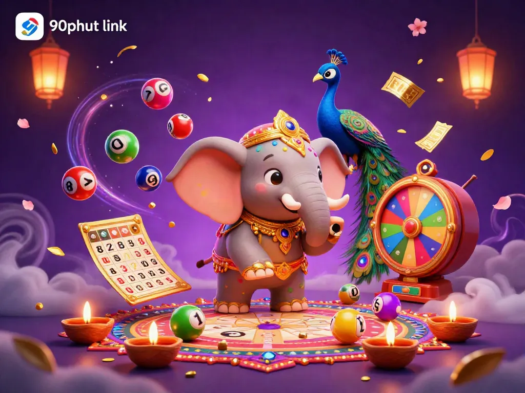 Experience exciting gambling action with 90phut link featuring colorful lottery elements and vibrant characters.