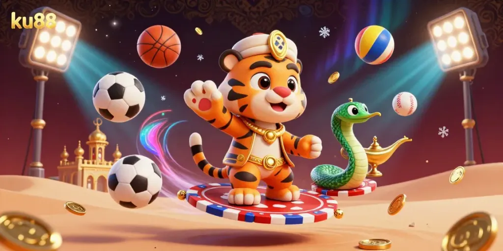 Experience the excitement of ku88 with a dynamic depiction of an Arabian-themed casino scene, showcasing vibrant sports elements.