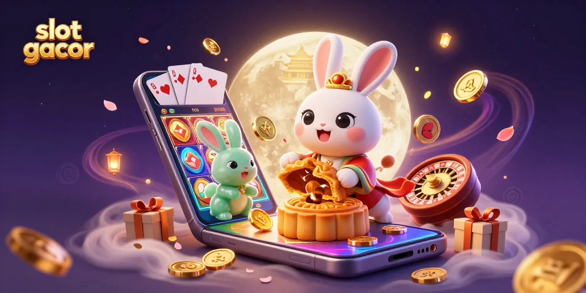 Experience slot gacor excitement as the moon rabbit reveals hidden poker chips amidst colorful casino elements.