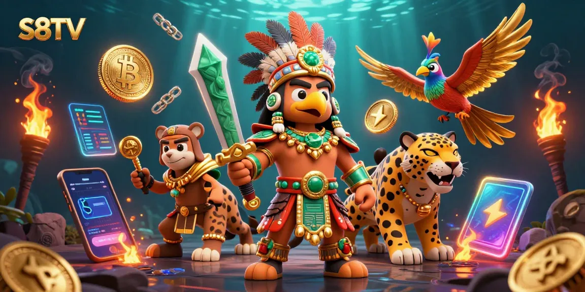 S8TV enhances the thrill of sports betting with vibrant Aztec warriors, crypto elements, and energetic atmosphere.