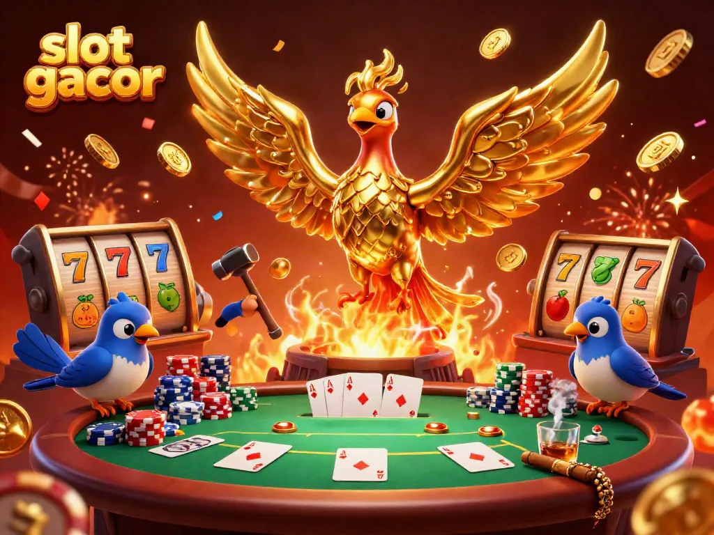 Experience a thrilling slot gacor scene with a golden phoenix and vibrant game symbols.