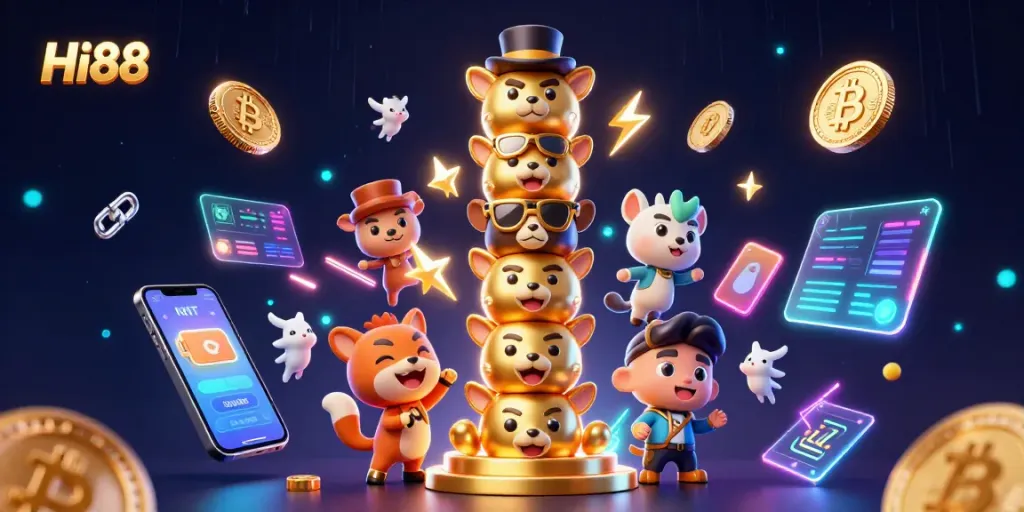 Experience immersive gaming with Hi88, featuring vibrant casino character designs and crypto elements.