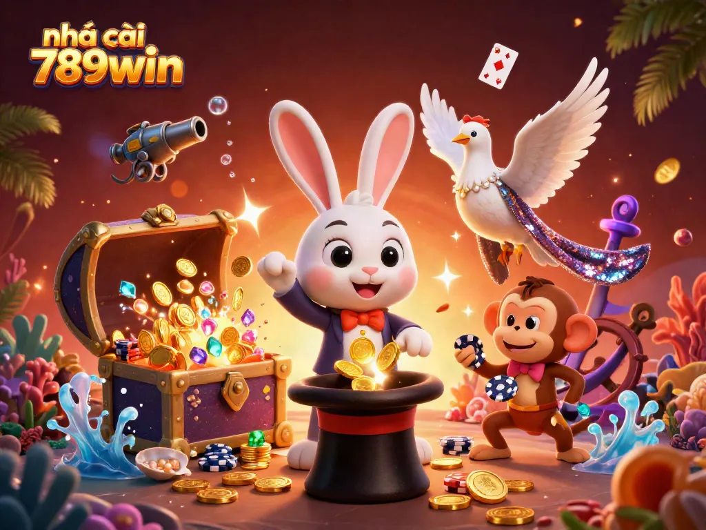 Engage with the magic of nhà cái 789win as a magician rabbit pulls golden coins, surrounded by vibrant casino elements.