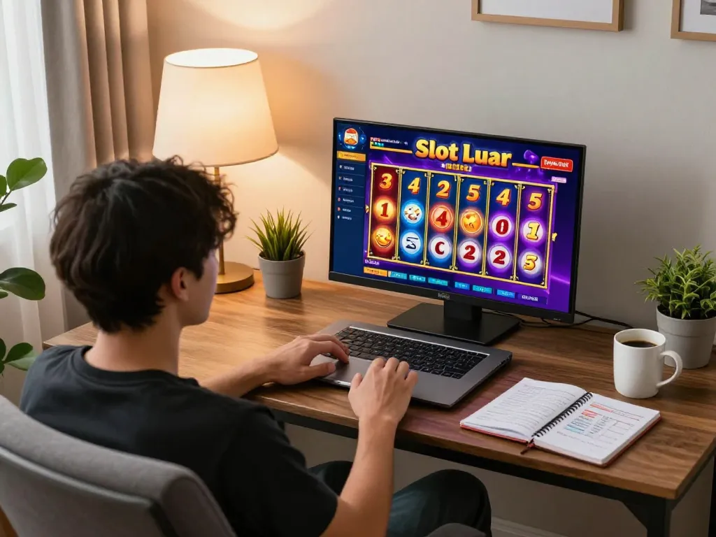 Engaged player enjoying Slot Luar on a cozy home setup with strategic notes and warm lighting.