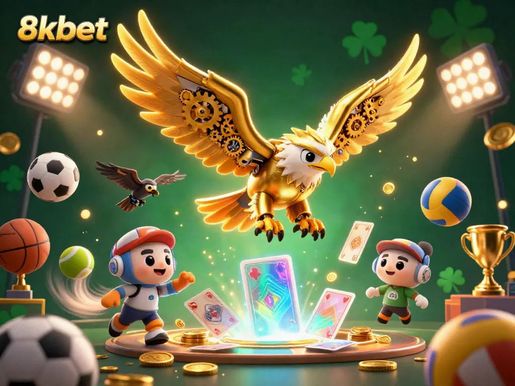 Engaging 8xbet illustration of a golden eagle diving through holographic playing cards with sports elements.