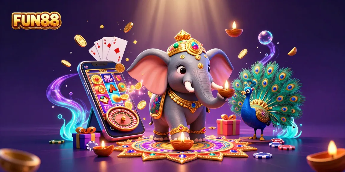 Engage with FUN88 through an exciting 3D illustration showcasing colorful slot games and vibrant casino elements.