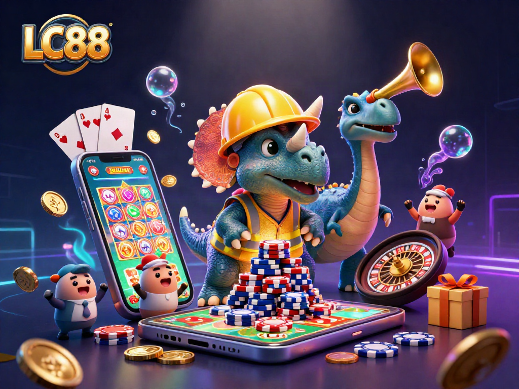 LC88’s vibrant casino adventure with a cheerful triceratops and gaming elements.