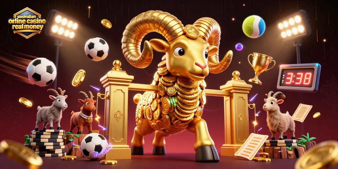 Engage with the vibrant scene of an australian online casino real money, where gold coins and sports balls showcase thrilling gameplay.