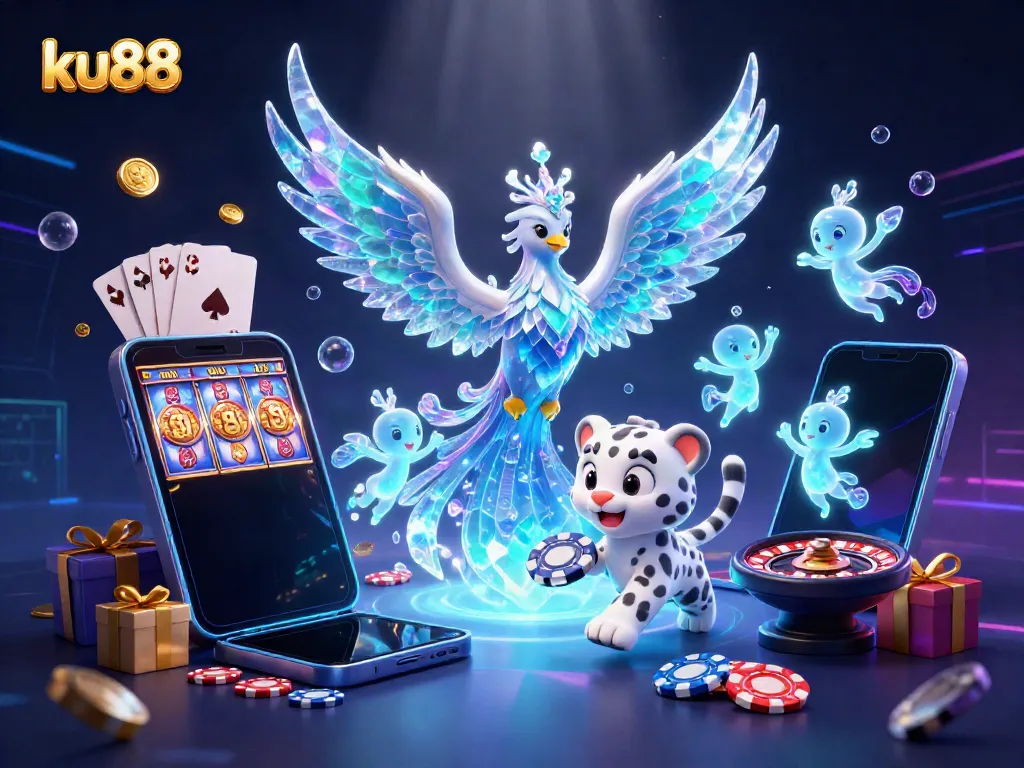 Engage with ku88's vibrant gaming scene featuring an ice phoenix, playful snow leopard, and dynamic gaming elements.