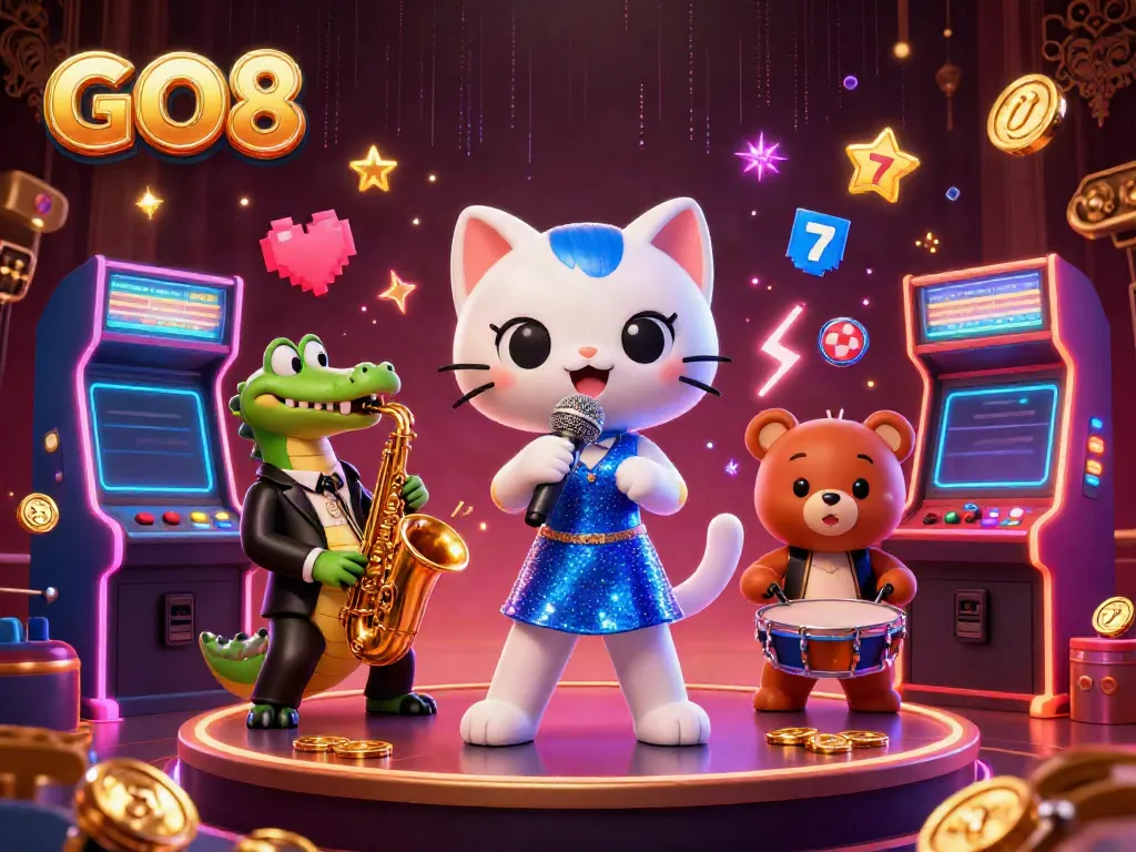 Experience GO8's thrilling gaming adventure with lively characters in a vibrant casino setting, showcasing dynamic gameplay.