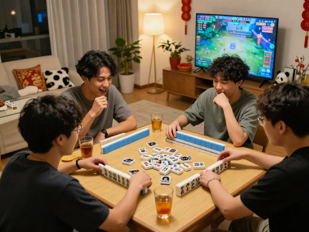 Group enjoying MAHJONGJP88 Official game night with colorful tiles and snacks.