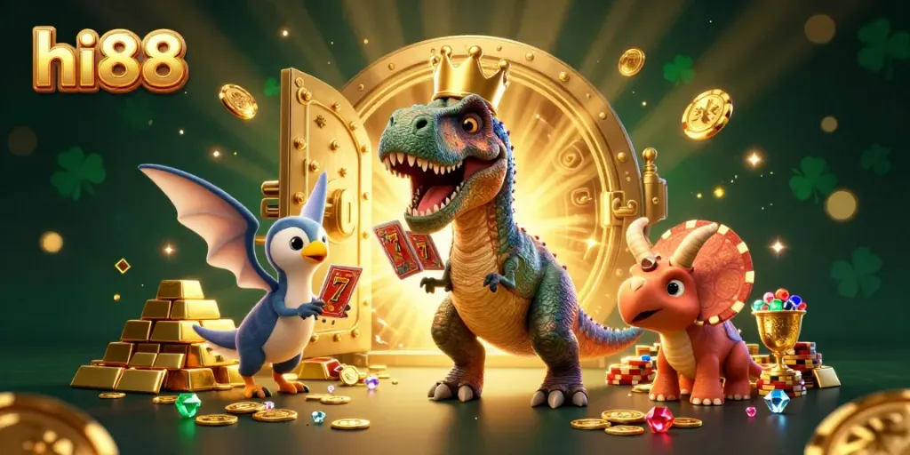 Experience thrilling fun at hi88 with a cartoon dinosaur casino scene, featuring card games and golden chips.