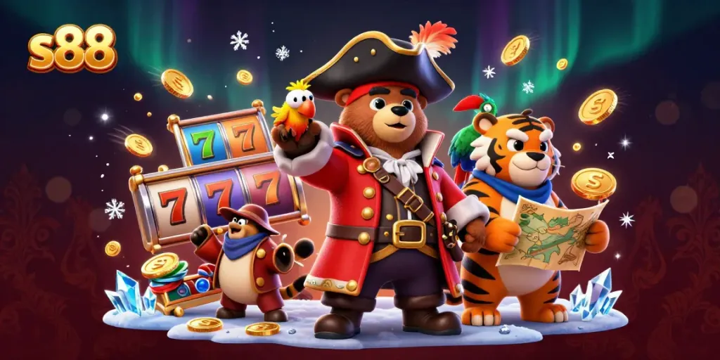 Join the adventure in the vibrant s88 casino world, featuring a pirate captain bear and thrilling slot games.