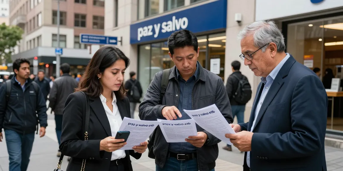 Un grupo diverso de personas en la calle observando notificaciones de paz y salvo etb en un edificio de servicios financieros.