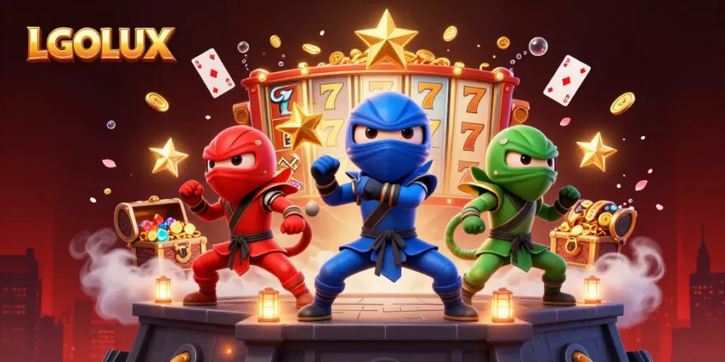Experience thrilling entertainment with LGOLUX as chameleon ninjas engage in martial arts amidst dynamic casino elements.