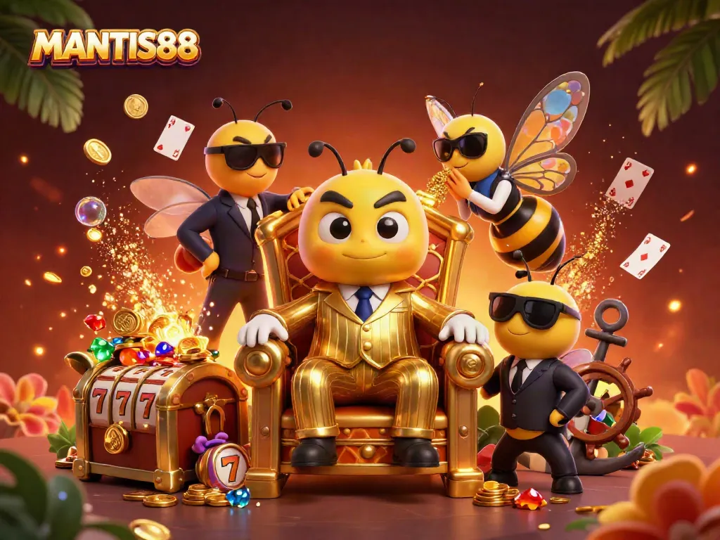 Engage with MANTIS88's vibrant 3D casino scene featuring a unique cartoon bumblebee mob boss and thrilling slot elements.