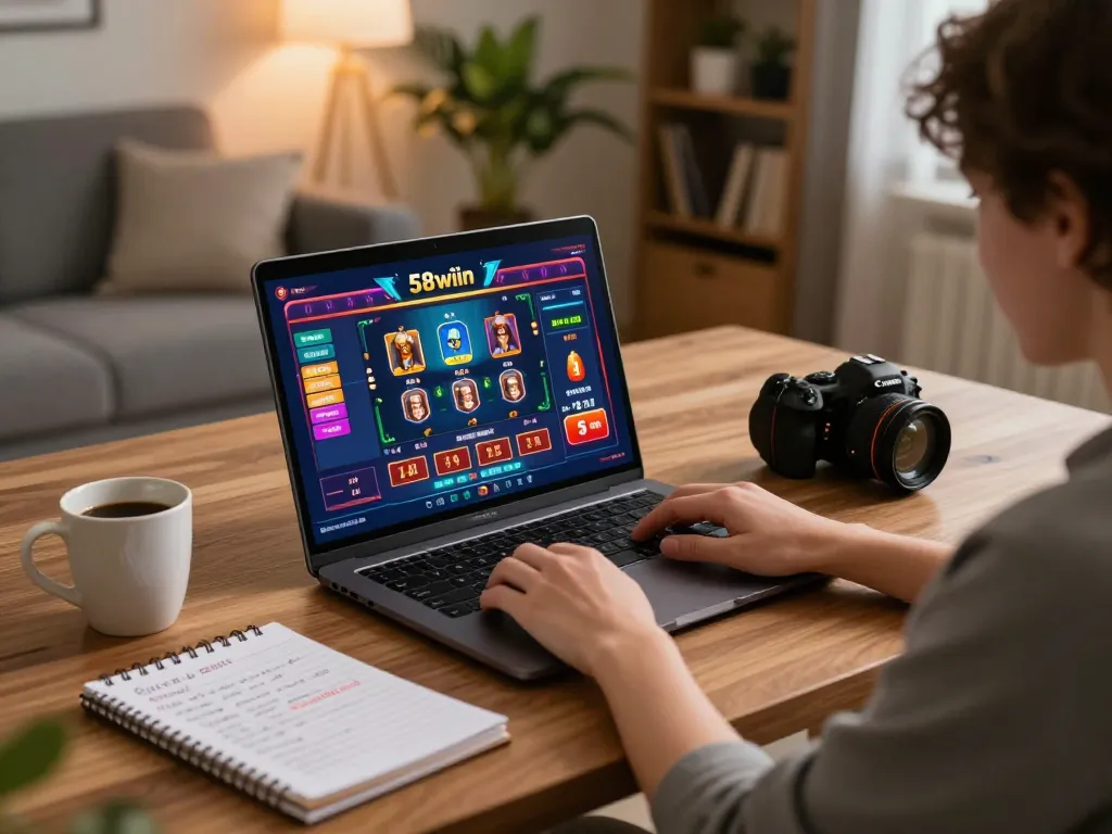 Enjoying online gambling on 58wiin with a cozy setup at the dining table.